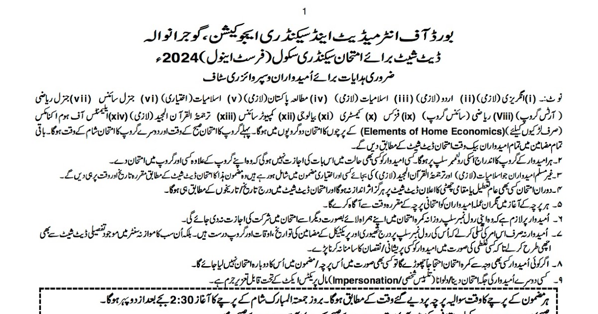 BISE Gujranwala Date Sheet 9th &10th Class 2024 1st Annual All